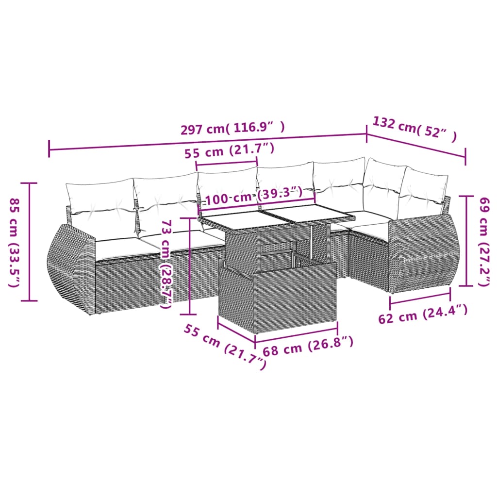 7-tlg. Garten-Sofagarnitur mit Kissen Hellgrau Poly Rattan