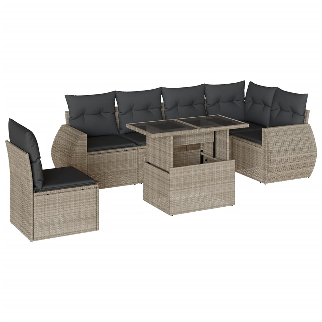 7-tlg. Garten-Sofagarnitur mit Kissen Hellgrau Poly Rattan