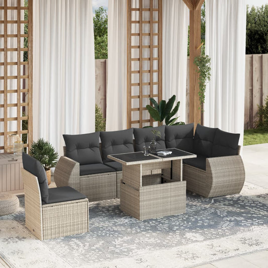 7-tlg. Garten-Sofagarnitur mit Kissen Hellgrau Poly Rattan