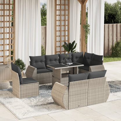 9-tlg. Garten-Sofagarnitur mit Kissen Hellgrau Poly Rattan