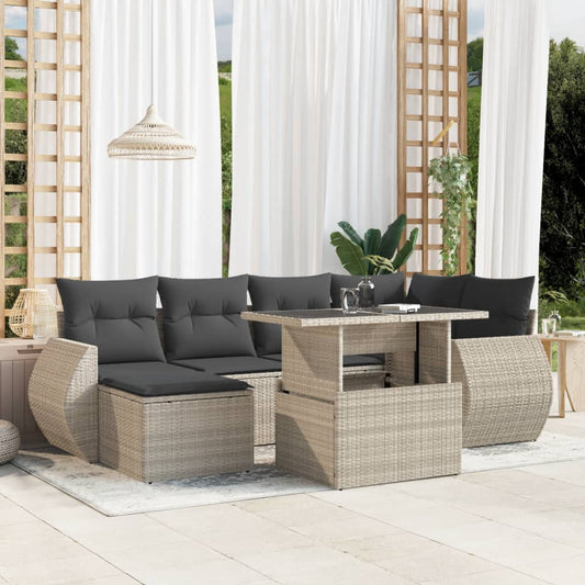 7-tlg. Garten-Sofagarnitur mit Kissen Hellgrau Poly Rattan