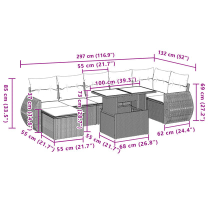 8-tlg. Garten-Sofagarnitur mit Kissen Hellgrau Poly Rattan