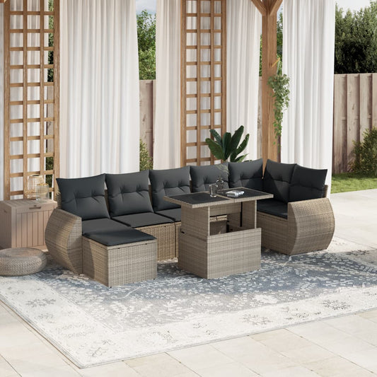 8-tlg. Garten-Sofagarnitur mit Kissen Hellgrau Poly Rattan