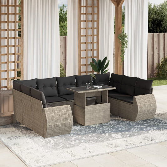 10-tlg. Garten-Sofagarnitur mit Kissen Hellgrau Poly Rattan