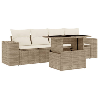 5-tlg. Garten-Sofagarnitur mit Kissen Beige Poly Rattan