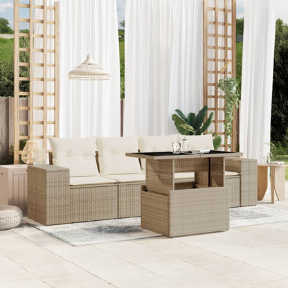 5-tlg. Garten-Sofagarnitur mit Kissen Beige Poly Rattan