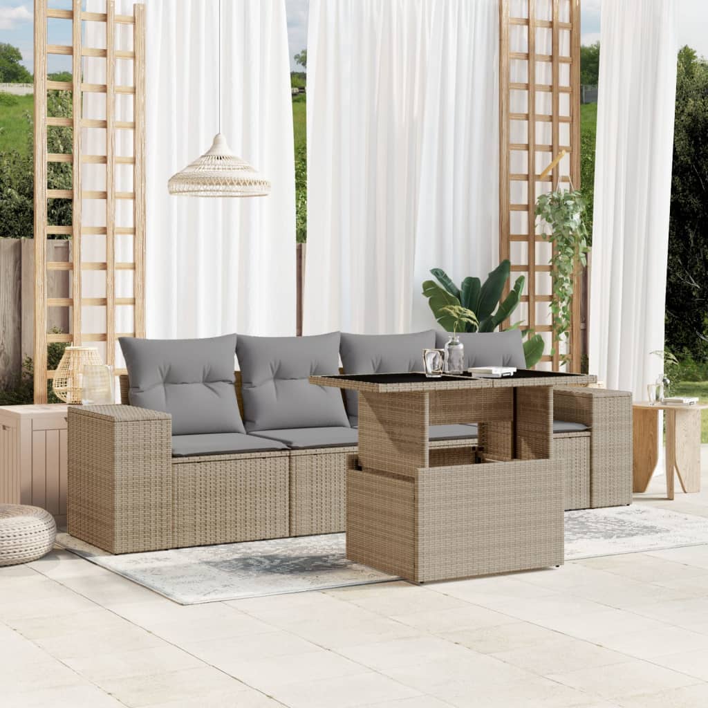 5-tlg. Garten-Sofagarnitur mit Kissen Beige Poly Rattan