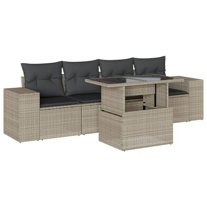 5-tlg. Garten-Sofagarnitur mit Kissen Hellgrau Poly Rattan