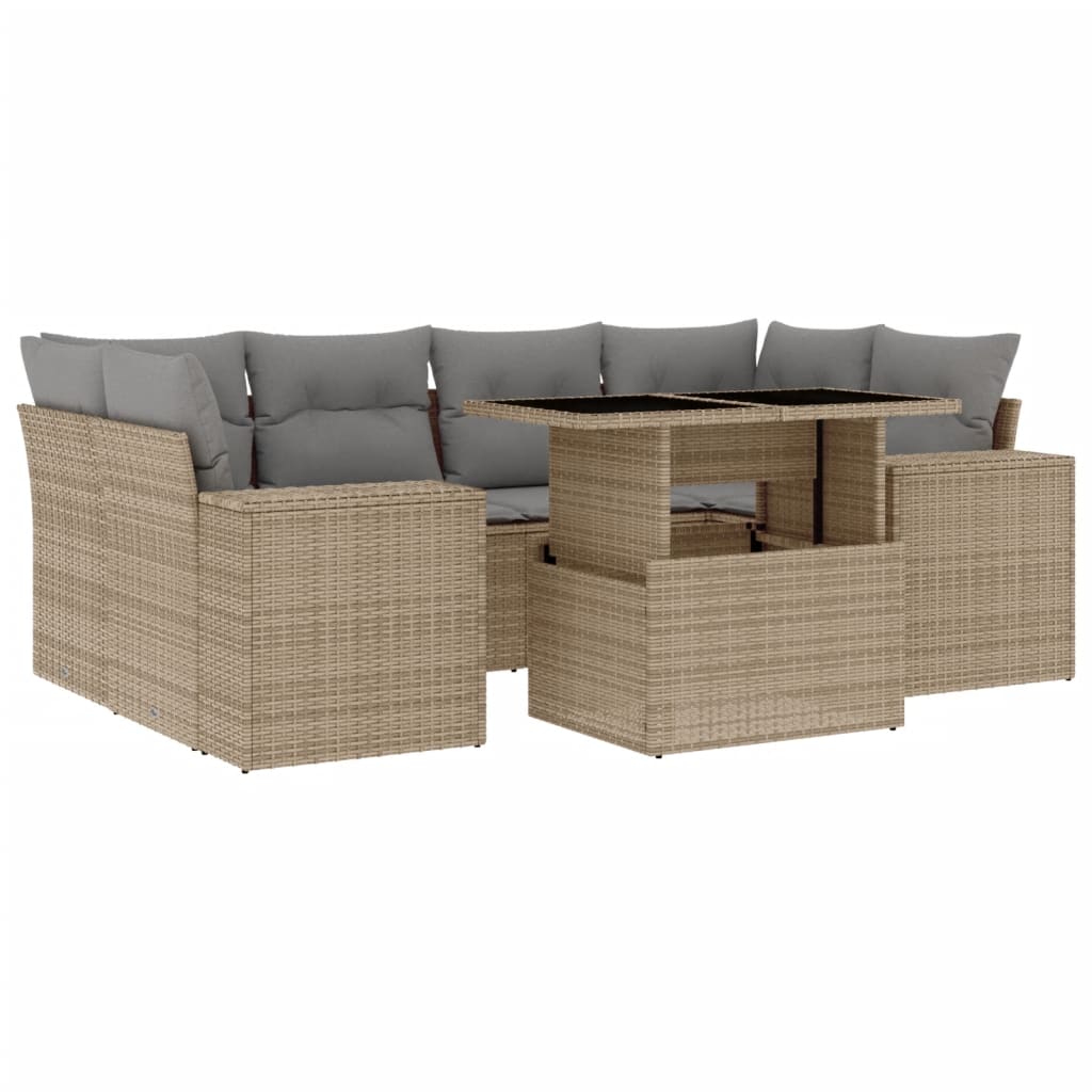 7-tlg. Garten-Sofagarnitur mit Kissen Beige Poly Rattan