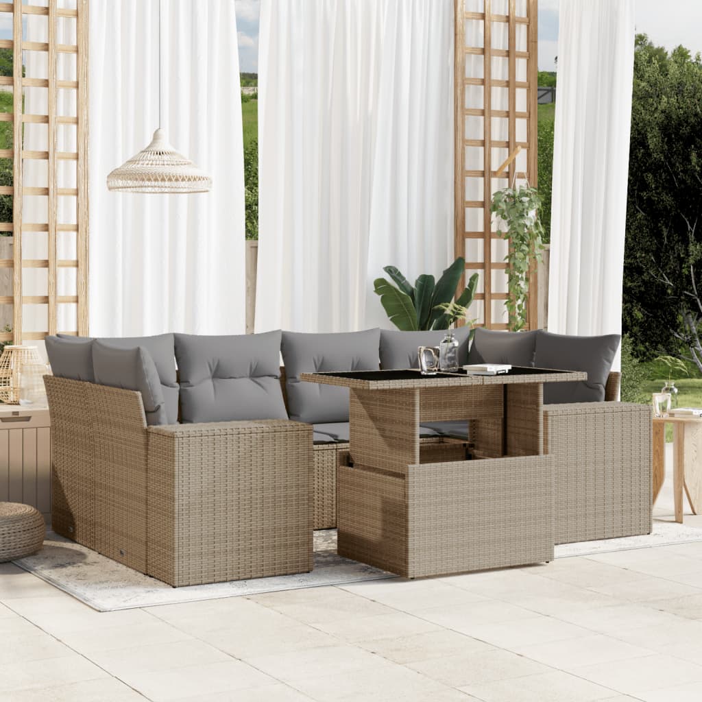 7-tlg. Garten-Sofagarnitur mit Kissen Beige Poly Rattan