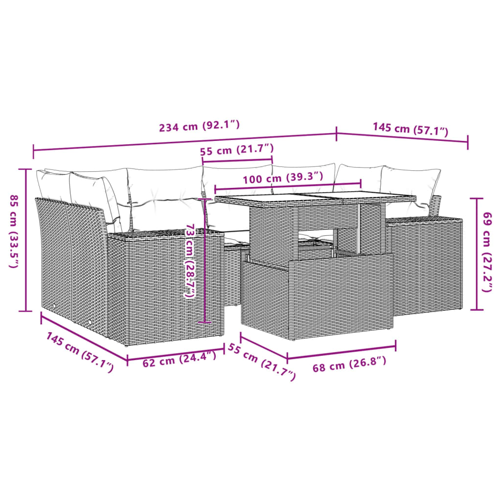 7-tlg. Garten-Sofagarnitur mit Kissen Hellgrau Poly Rattan