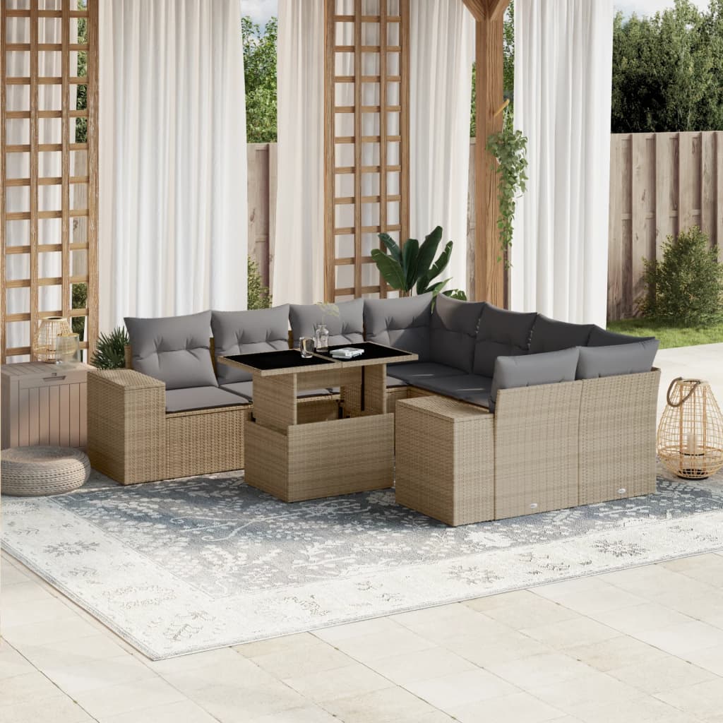 9-tlg. Garten-Sofagarnitur mit Kissen Beige Poly Rattan