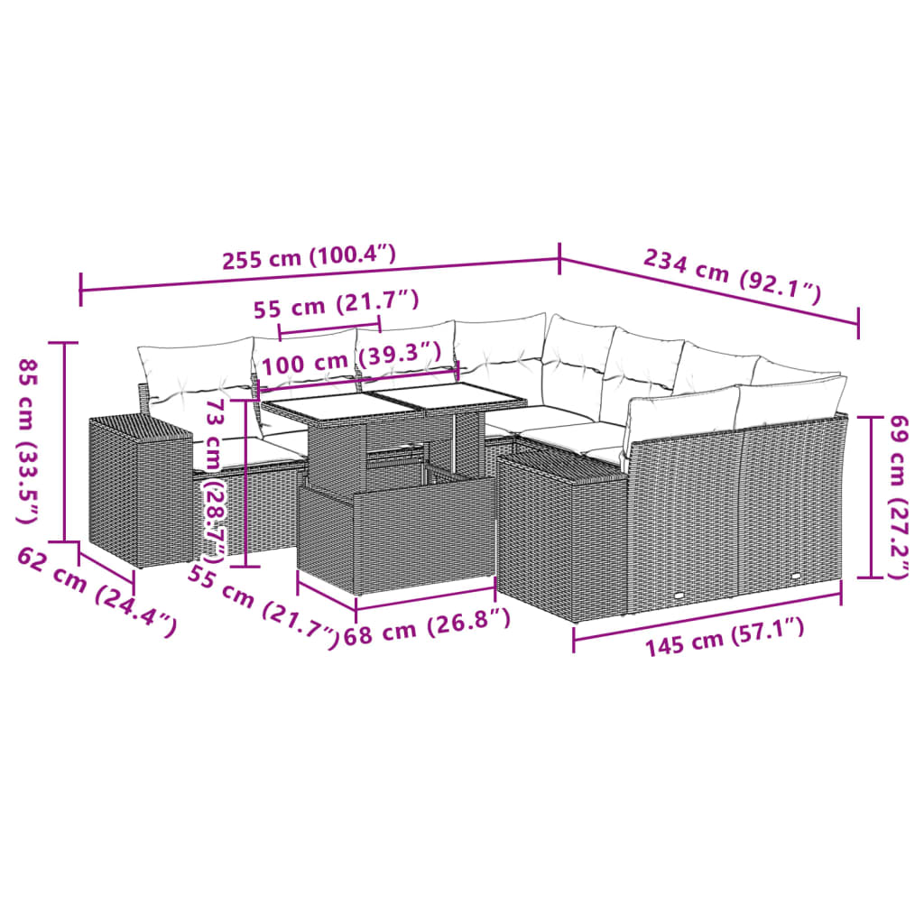 9-tlg. Garten-Sofagarnitur mit Kissen Hellgrau Poly Rattan