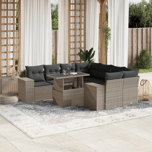 9-tlg. Garten-Sofagarnitur mit Kissen Hellgrau Poly Rattan