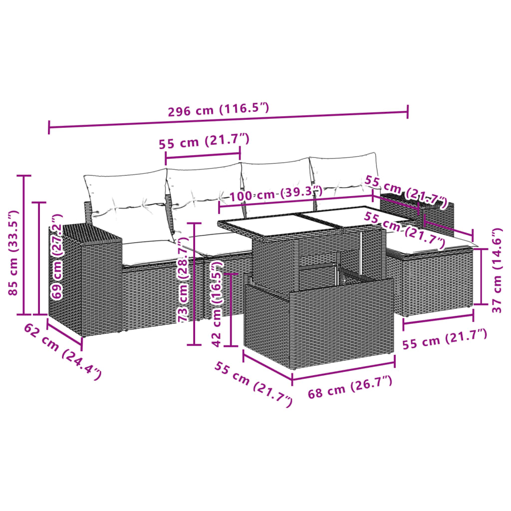 6-tlg. Garten-Sofagarnitur mit Kissen Hellgrau Poly Rattan