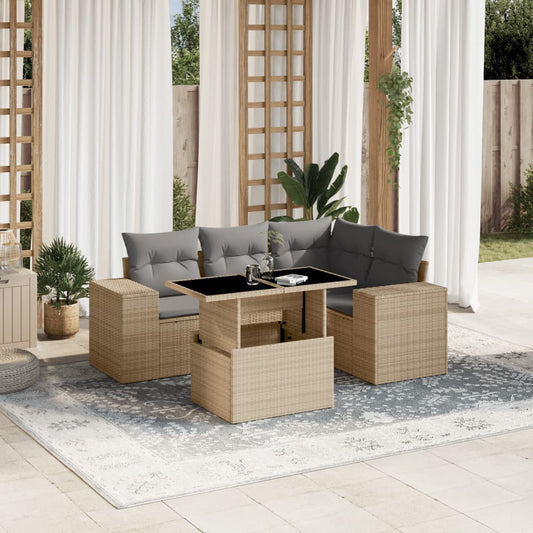 5-tlg. Garten-Sofagarnitur mit Kissen Beige Poly Rattan