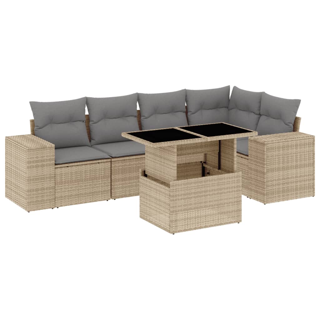 6-tlg. Garten-Sofagarnitur mit Kissen Beige Poly Rattan