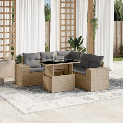 6-tlg. Garten-Sofagarnitur mit Kissen Beige Poly Rattan