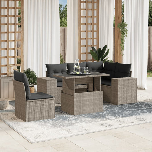 6-tlg. Garten-Sofagarnitur mit Kissen Hellgrau Poly Rattan