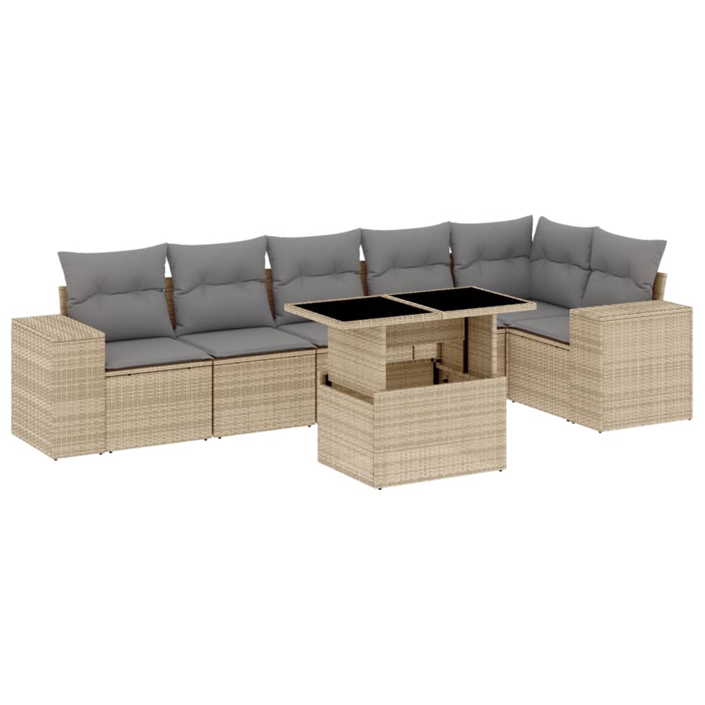 7-tlg. Garten-Sofagarnitur mit Kissen Beige Poly Rattan