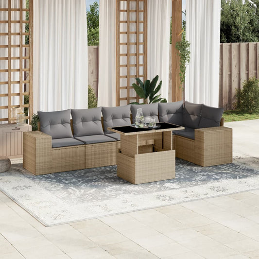 7-tlg. Garten-Sofagarnitur mit Kissen Beige Poly Rattan