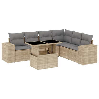 7-tlg. Garten-Sofagarnitur mit Kissen Beige Poly Rattan