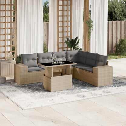 7-tlg. Garten-Sofagarnitur mit Kissen Beige Poly Rattan