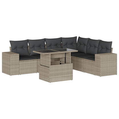 7-tlg. Garten-Sofagarnitur mit Kissen Hellgrau Poly Rattan