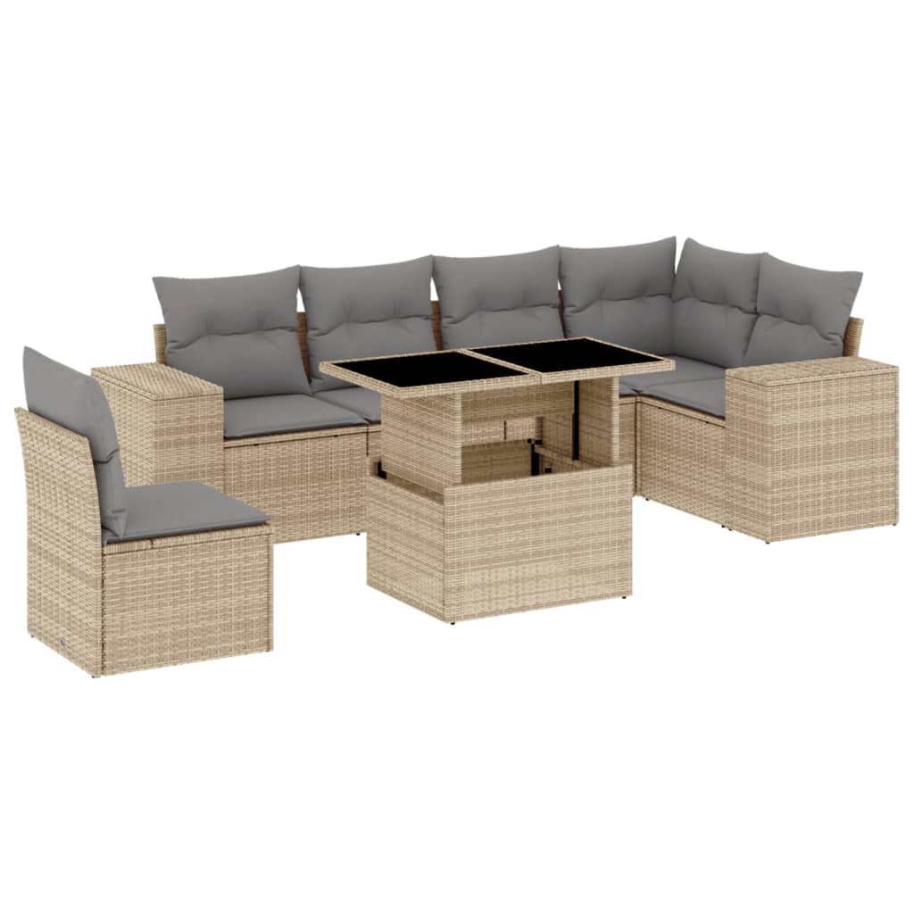 7-tlg. Garten-Sofagarnitur mit Kissen Beige Poly Rattan