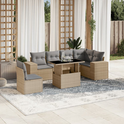 7-tlg. Garten-Sofagarnitur mit Kissen Beige Poly Rattan