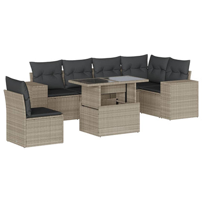 7-tlg. Garten-Sofagarnitur mit Kissen Hellgrau Poly Rattan