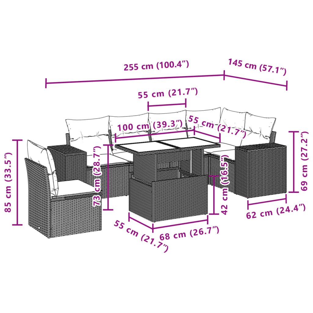 7-tlg. Garten-Sofagarnitur mit Kissen Hellgrau Poly Rattan