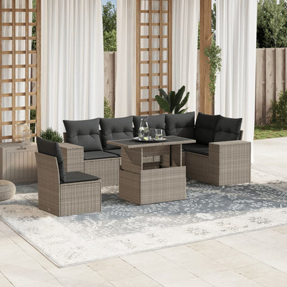 7-tlg. Garten-Sofagarnitur mit Kissen Hellgrau Poly Rattan