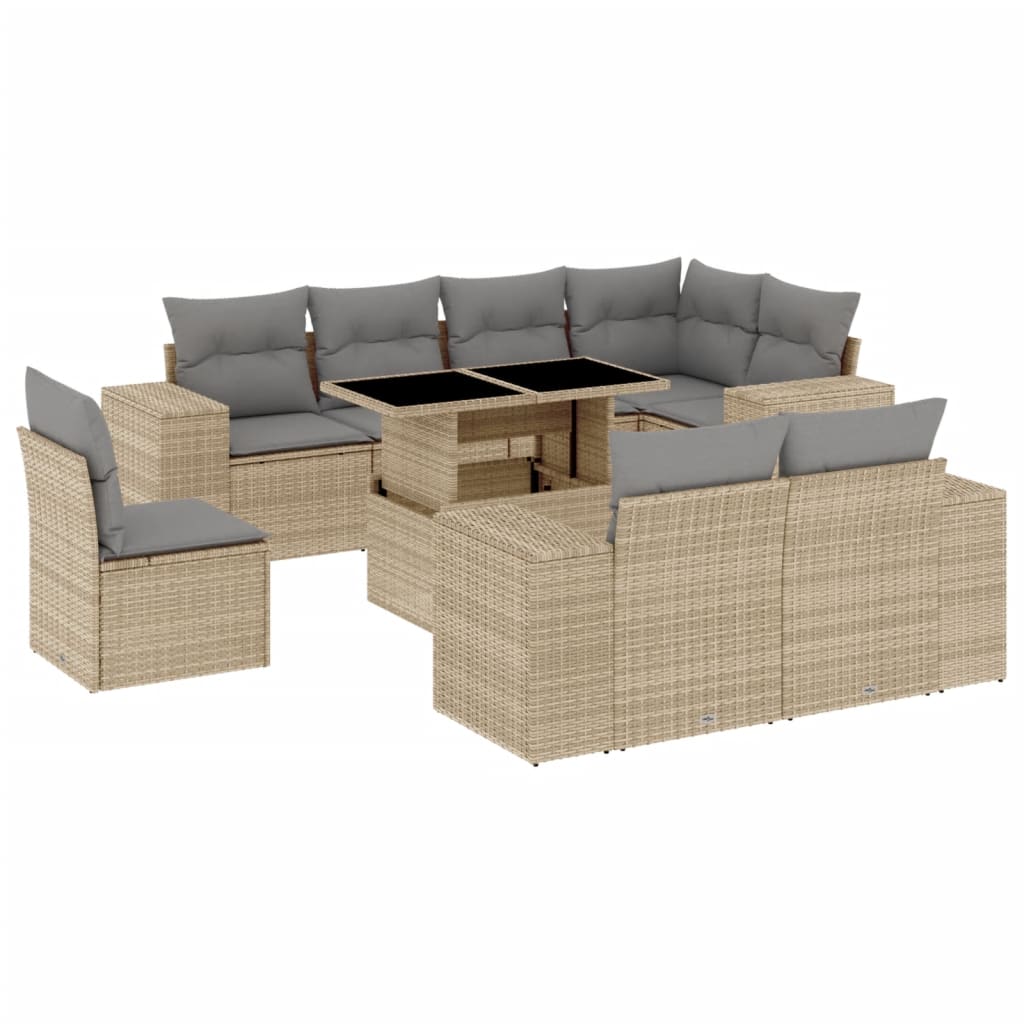 9-tlg. Garten-Sofagarnitur mit Kissen Beige Poly Rattan