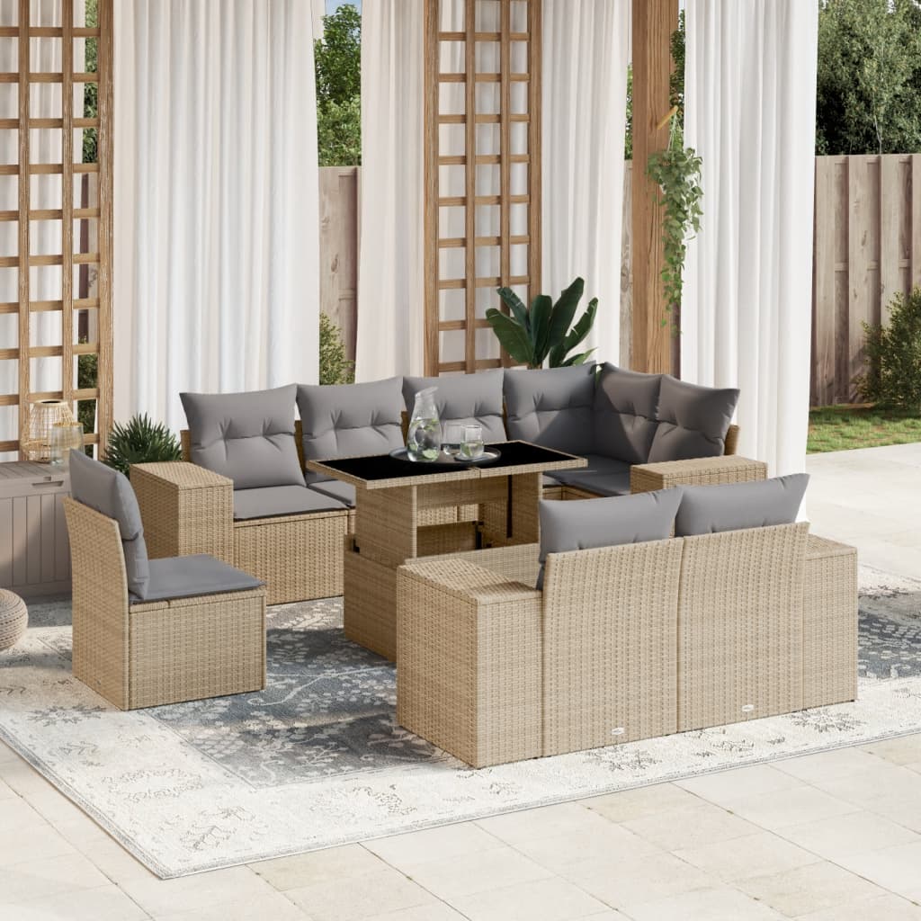 9-tlg. Garten-Sofagarnitur mit Kissen Beige Poly Rattan