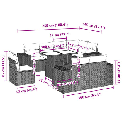 9-tlg. Garten-Sofagarnitur mit Kissen Hellgrau Poly Rattan