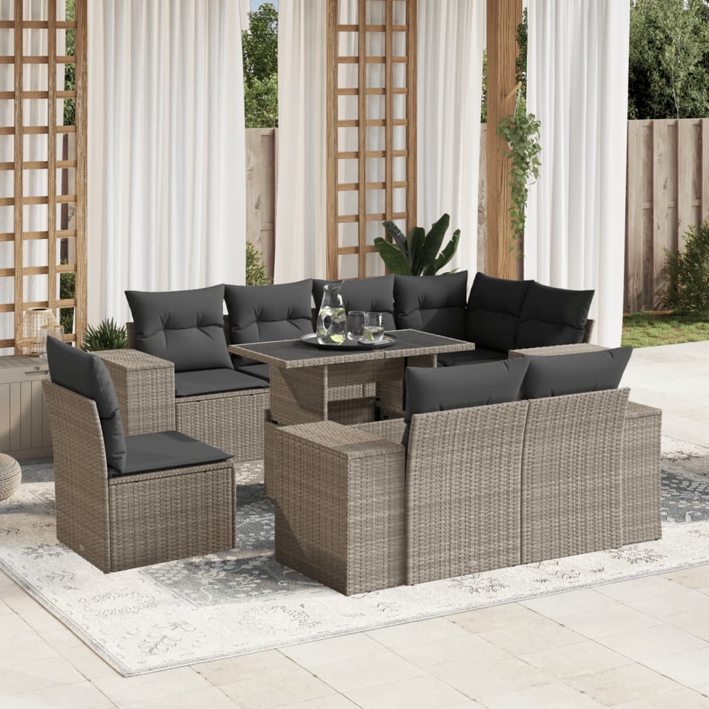 9-tlg. Garten-Sofagarnitur mit Kissen Hellgrau Poly Rattan