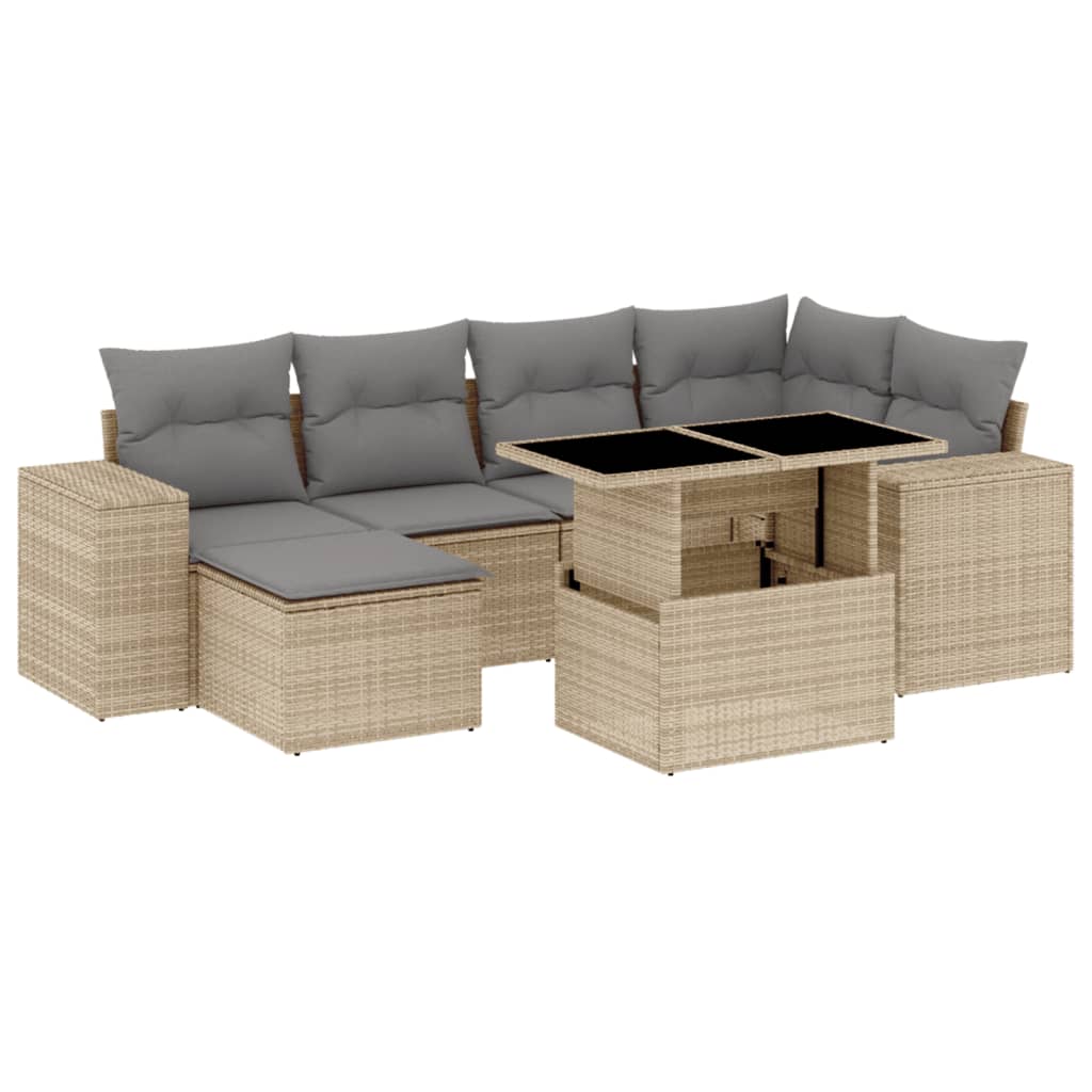 7-tlg. Garten-Sofagarnitur mit Kissen Beige Poly Rattan