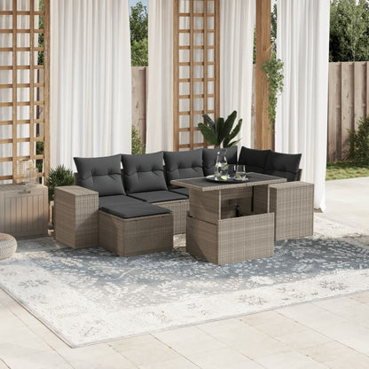 7-tlg. Garten-Sofagarnitur mit Kissen Hellgrau Poly Rattan