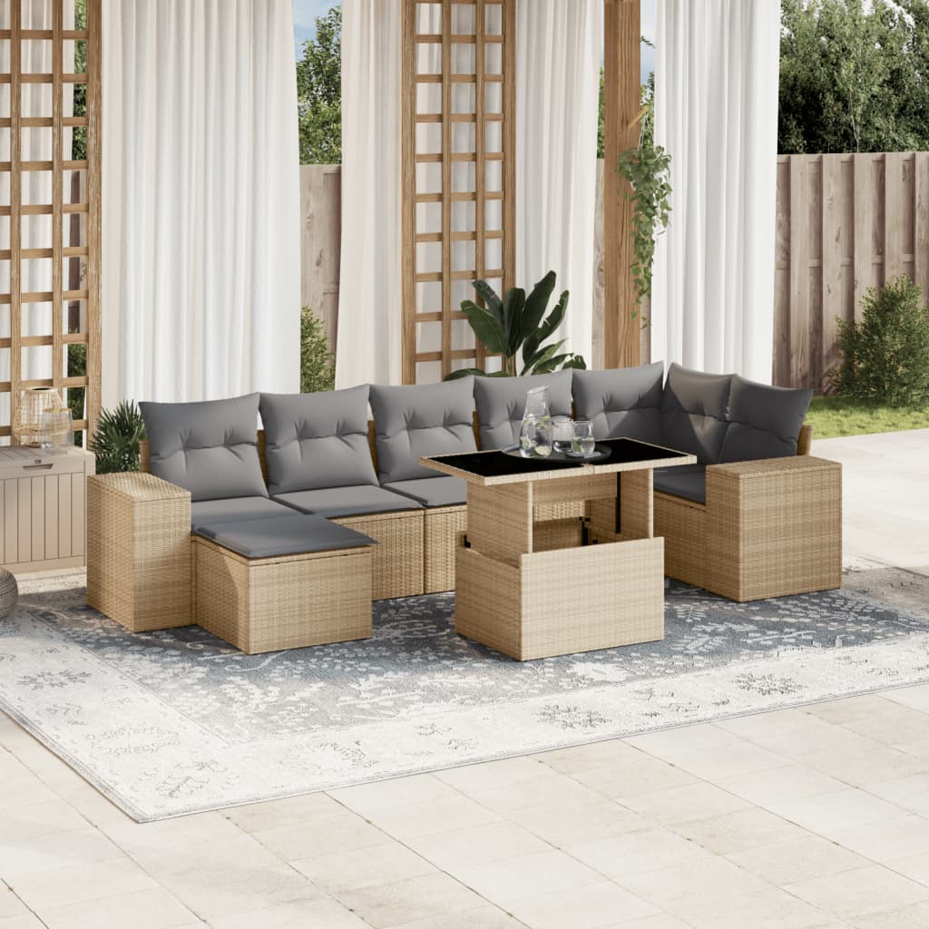 8-tlg. Garten-Sofagarnitur mit Kissen Beige Poly Rattan