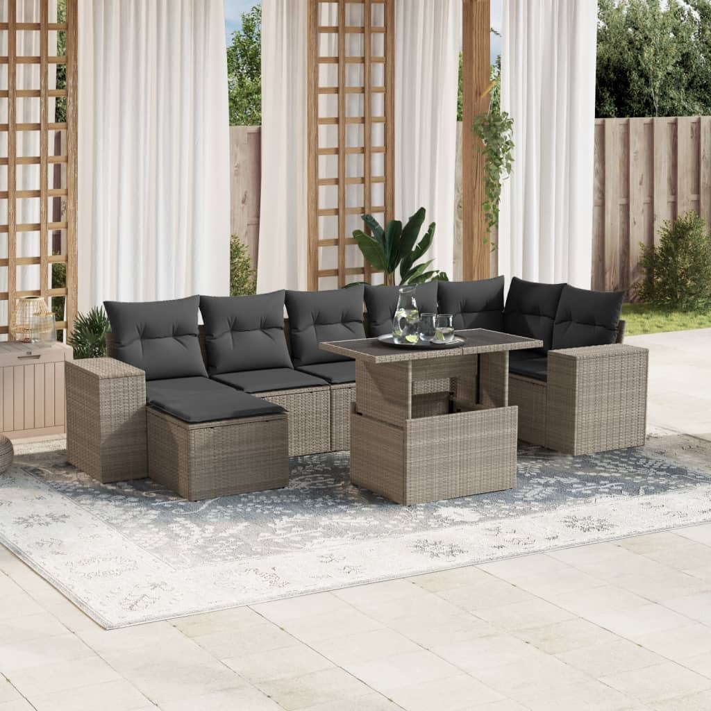 8-tlg. Garten-Sofagarnitur mit Kissen Hellgrau Poly Rattan