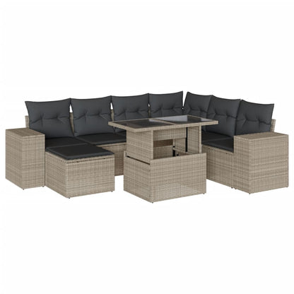 8-tlg. Garten-Sofagarnitur mit Kissen Hellgrau Poly Rattan