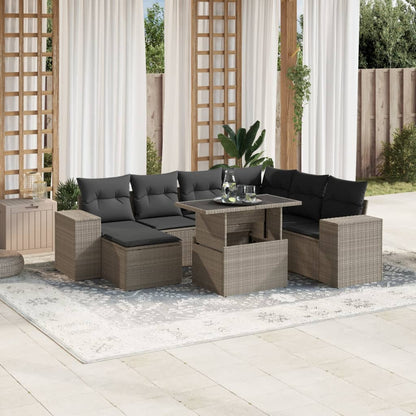 8-tlg. Garten-Sofagarnitur mit Kissen Hellgrau Poly Rattan