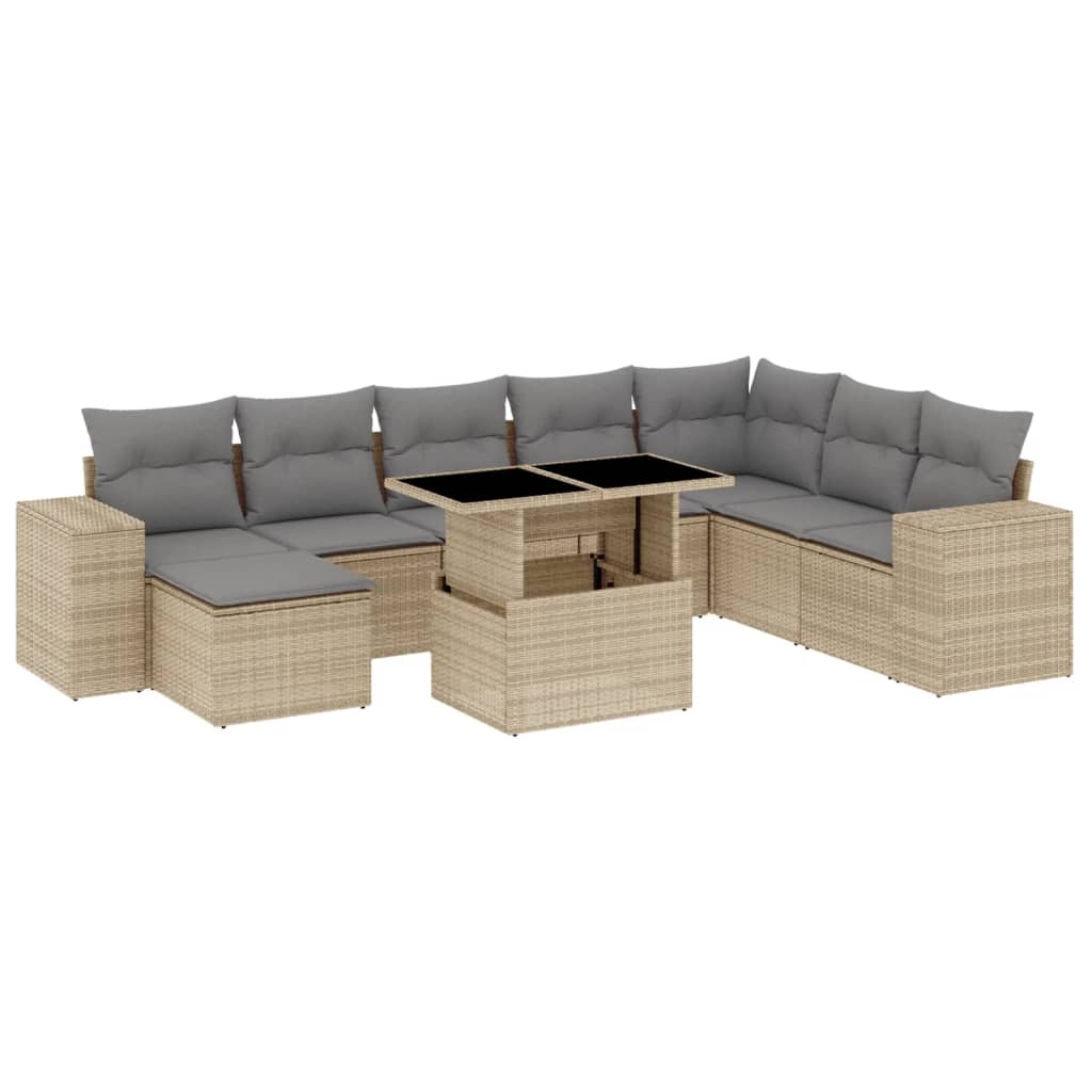 9-tlg. Garten-Sofagarnitur mit Kissen Beige Poly Rattan