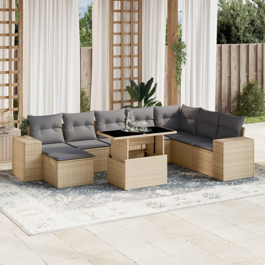 9-tlg. Garten-Sofagarnitur mit Kissen Beige Poly Rattan