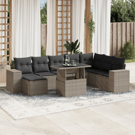 9-tlg. Garten-Sofagarnitur mit Kissen Hellgrau Poly Rattan