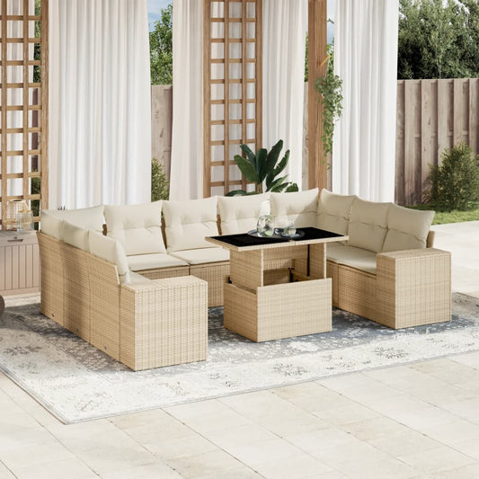 10-tlg. Garten-Sofagarnitur mit Kissen Beige Poly Rattan