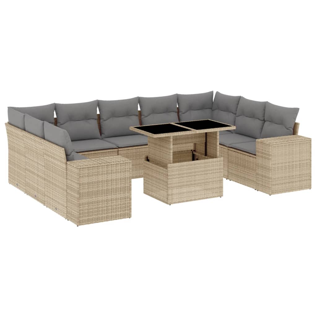 10-tlg. Garten-Sofagarnitur mit Kissen Beige Poly Rattan