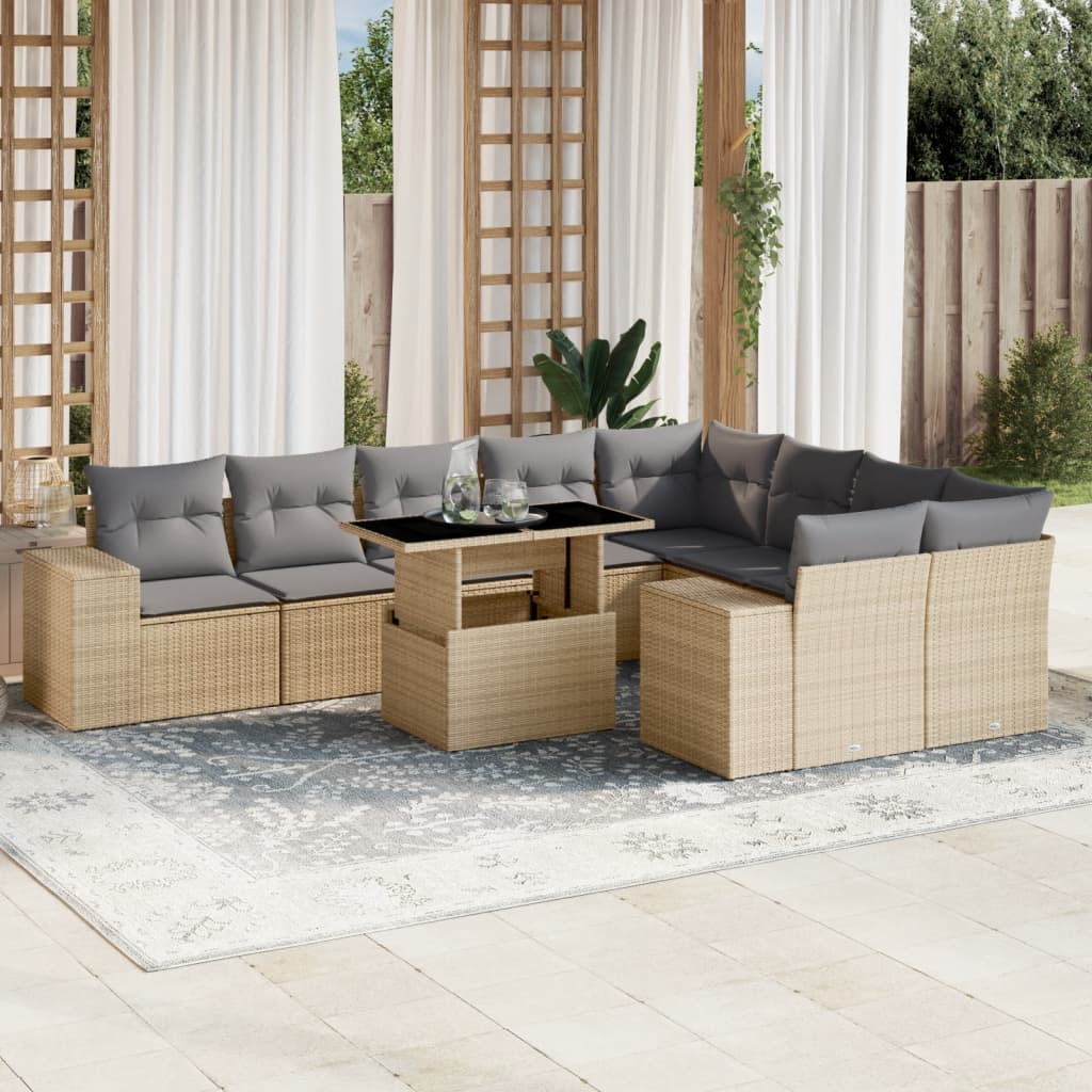 10-tlg. Garten-Sofagarnitur mit Kissen Beige Poly Rattan