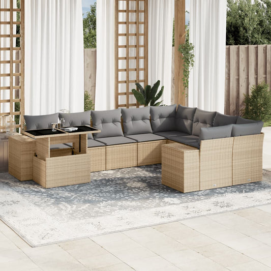 10-tlg. Garten-Sofagarnitur mit Kissen Beige Poly Rattan